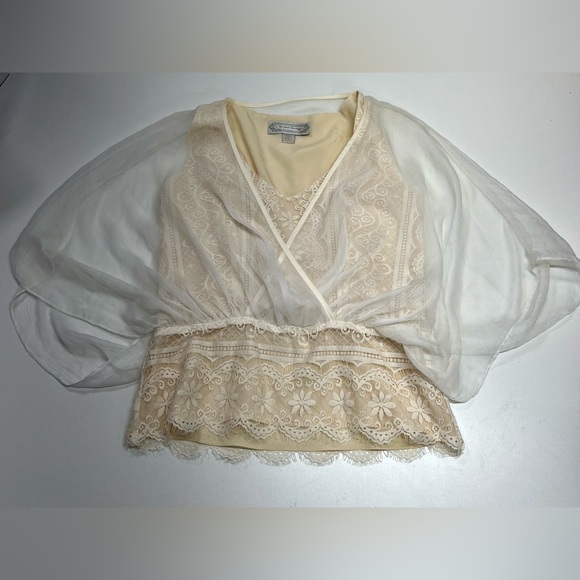 Anthropologie Beyond Vintage Batwing Top with Lace Liner in Ivory Size XS Blouse - Picture 7 of 9